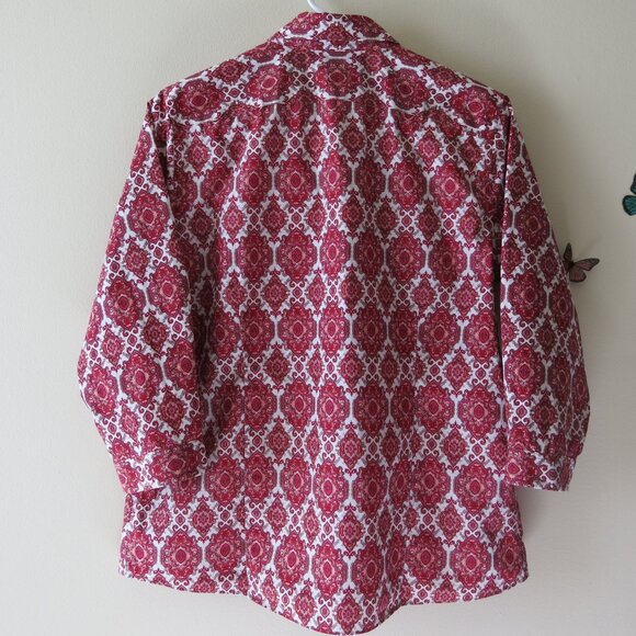Lands End Women's Supima Red White Damask Button Down 3/4 Sleeves Size 12 NWOT - Picture 2 of 10